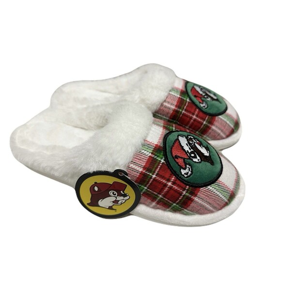 NEW Buc-ee's Womens Size 6-7 Plush Christmas Slippers Cozy Red & Green Plaid - Picture 2 of 6